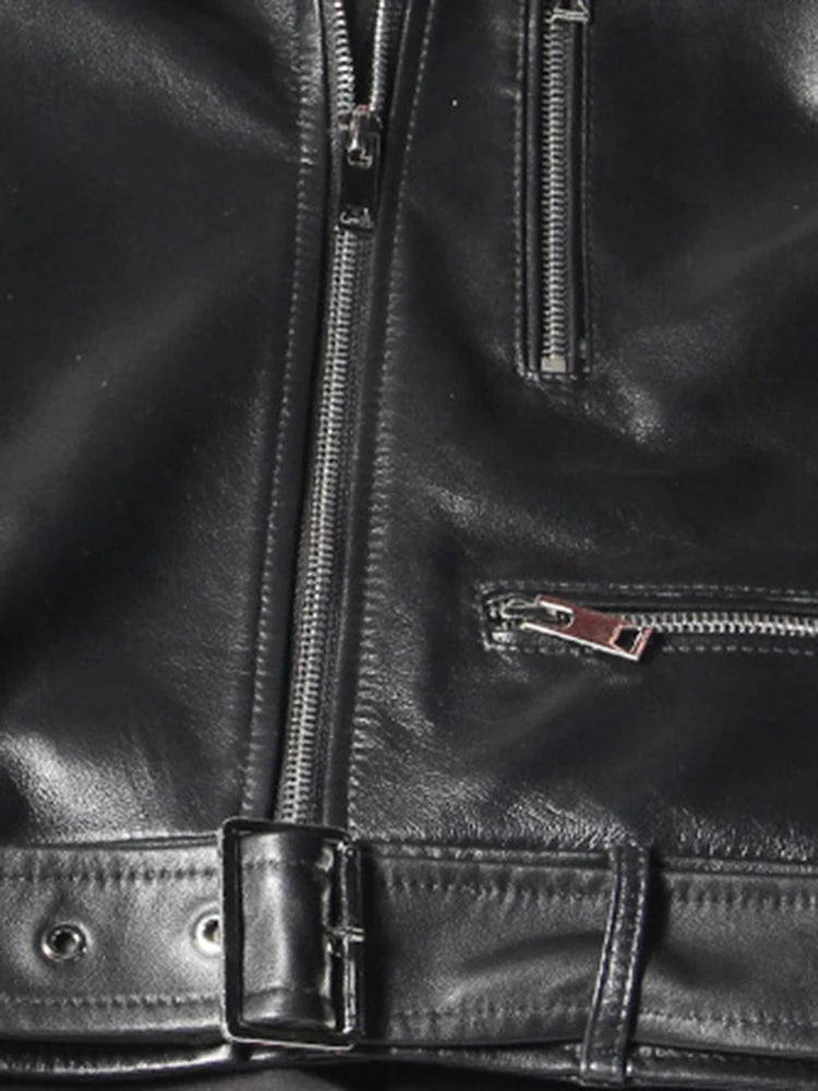 Chic Autumn Short Black Oversized Lace Patchwork Leather Biker Jacket for Women - Stylish Long Sleeve Outerwear