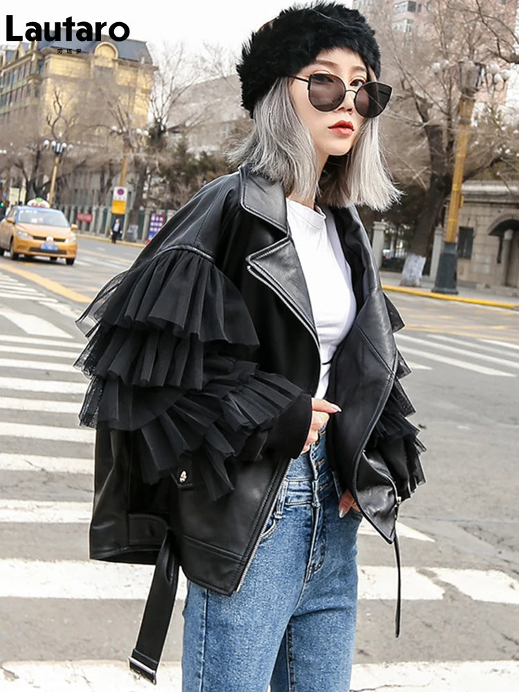 Chic Autumn Short Black Oversized Lace Patchwork Leather Biker Jacket for Women - Stylish Long Sleeve Outerwear