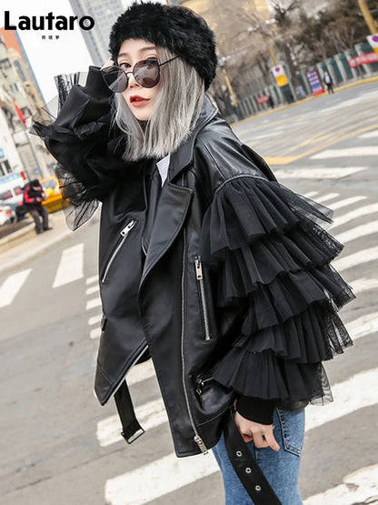 Chic Autumn Short Black Oversized Lace Patchwork Leather Biker Jacket for Women - Stylish Long Sleeve Outerwear