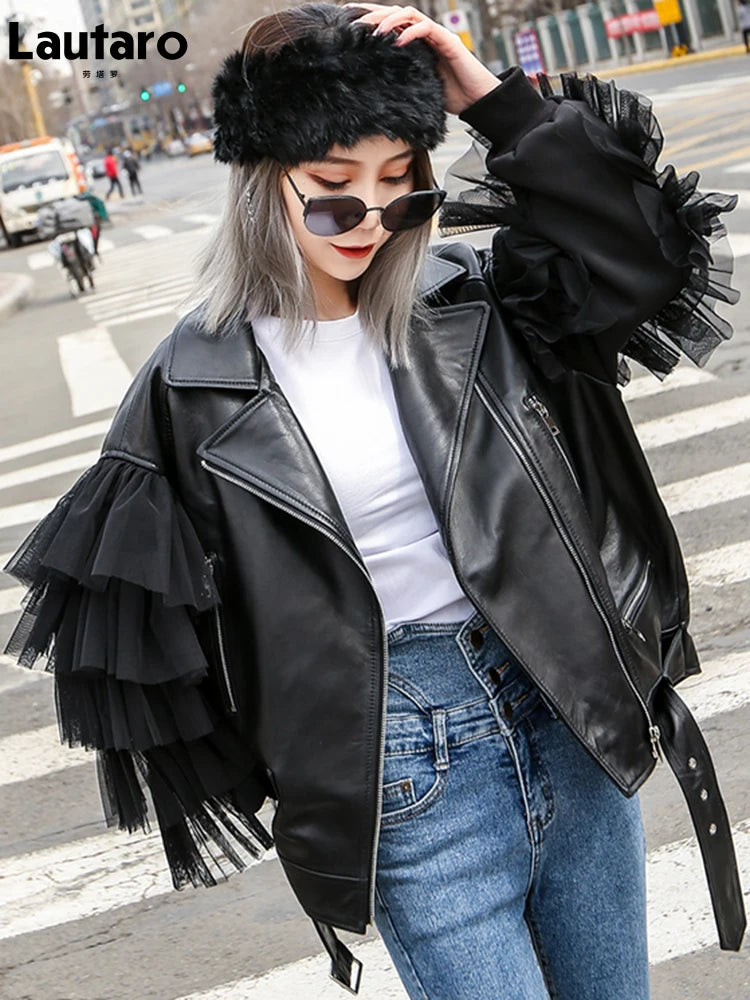 Chic Autumn Short Black Oversized Lace Patchwork Leather Biker Jacket for Women - Stylish Long Sleeve Outerwear