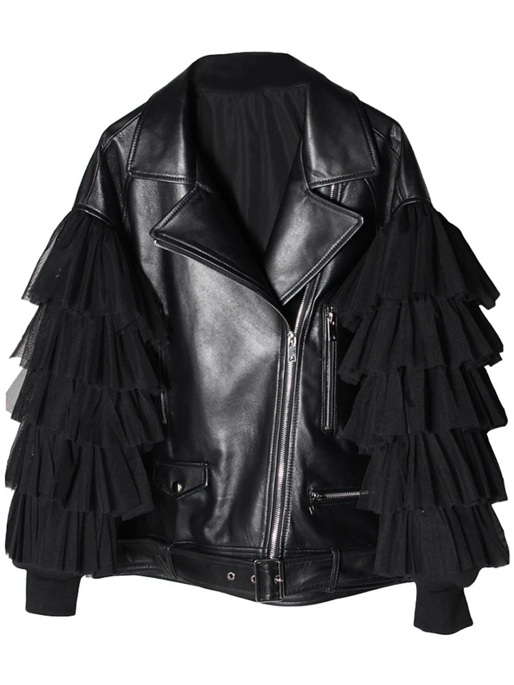 Chic Autumn Short Black Oversized Lace Patchwork Leather Biker Jacket for Women - Stylish Long Sleeve Outerwear
