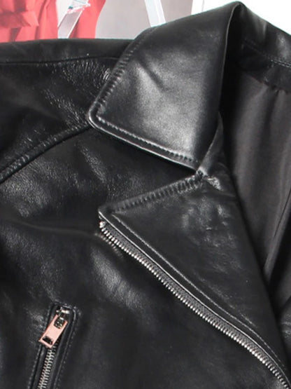 Chic Autumn Short Black Oversized Lace Patchwork Leather Biker Jacket for Women - Stylish Long Sleeve Outerwear