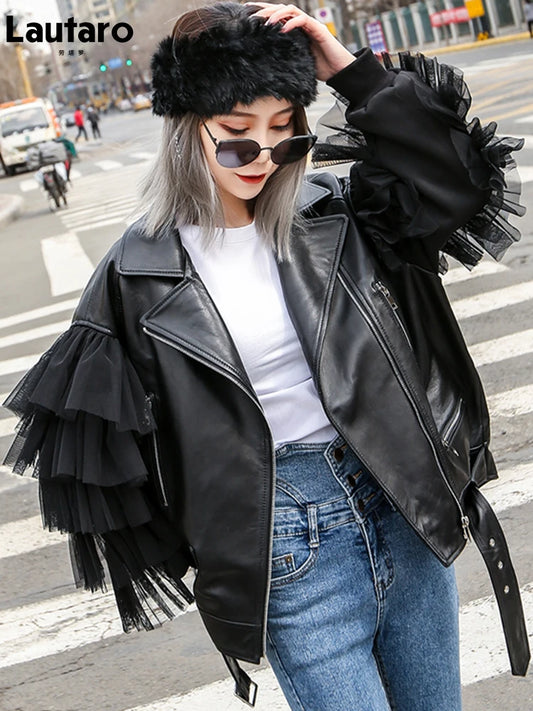 Chic Autumn Short Black Oversized Lace Patchwork Leather Biker Jacket for Women - Stylish Long Sleeve Outerwear